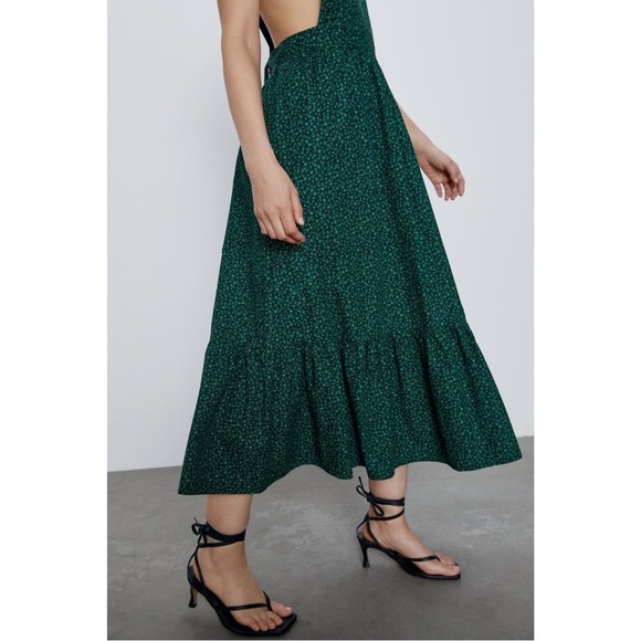 Zara Green Floral Midi Dress Ruffle Strap Square Neck Cottagecore Size S - Picture 10 of 16